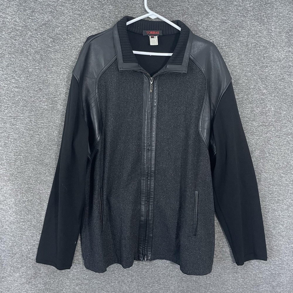 Torras Jacket Mens 50 XXL Black Wool Cashmere Leather Trim Knit Full Zip Bomber